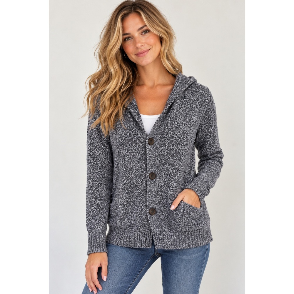 Hollister Hooded Cardigan Womens M Coastal Blue Marled Knit Button Up Sweater